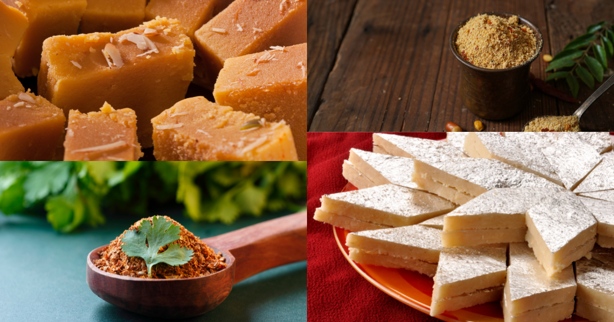 Mysore Pak, Paruppu Podi, Kaju Katli, Gongura Chutney